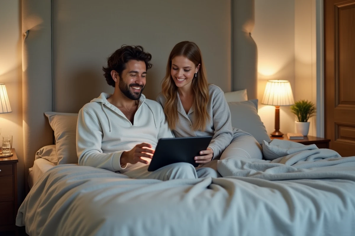 Deux amis choisissant ensemble une série à regarder en streaming sur une tablette dans une chambre moderne