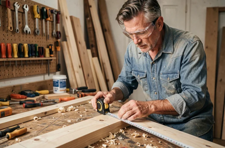 Homme bricoleur mesurant une planche en bois dans un atelier de rénovation maison bien équipé