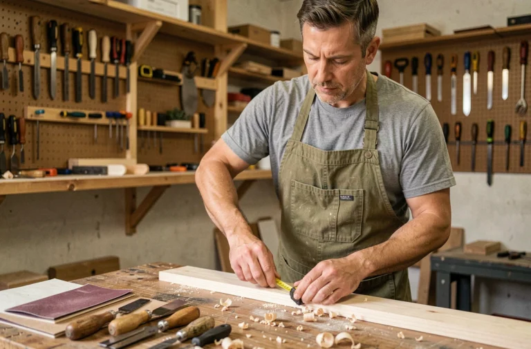 Homme bricoleur mesurant une planche en bois dans un atelier de garage bien organisé avec outils accrochés au mur