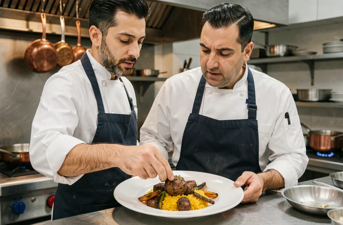 Chef cuisinier libanais préparant un plat de kofta d'agneau grillé dans la cuisine d'un restaurant oriental halal à Paris