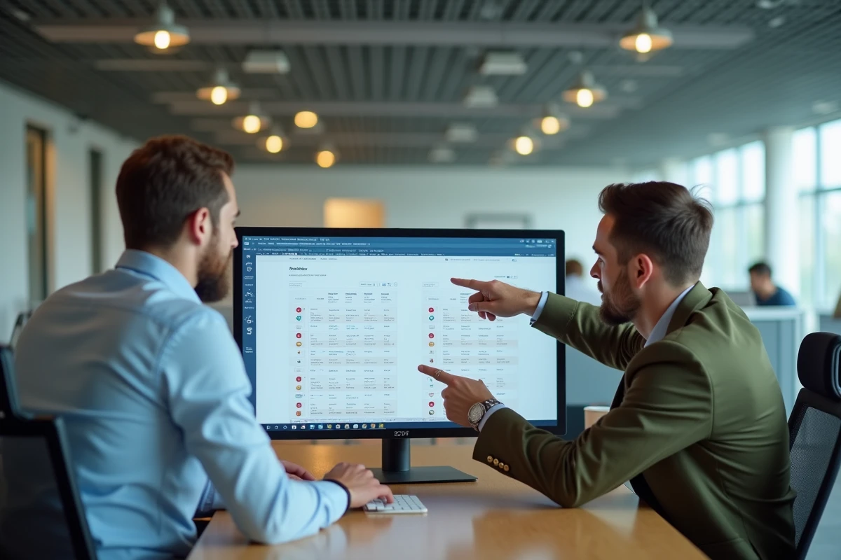 Deux collègues analysant un tableau comparatif en ligne sur un écran d'ordinateur dans un bureau moderne