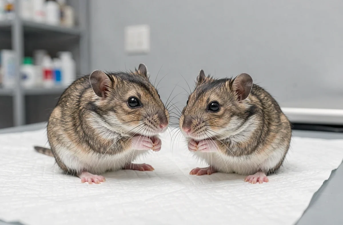 Deux hamsters russes côte à côte sur un tapis vétérinaire blanc permettant de comparer mâle et femelle