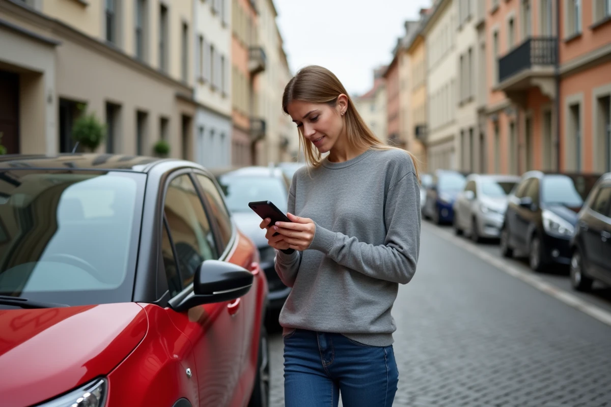 Femme recherchant la signification du voyant clé à molette de sa Citroën C3 rouge sur son téléphone dans une rue résidentielle