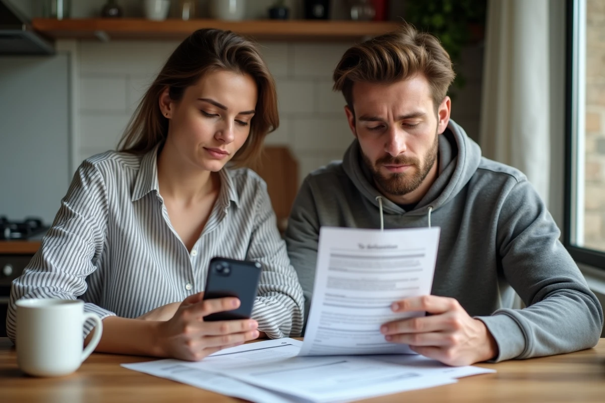 Couple de jeunes adultes analysant ensemble leur déclaration d'impôts avec une case grisée à la table de cuisine