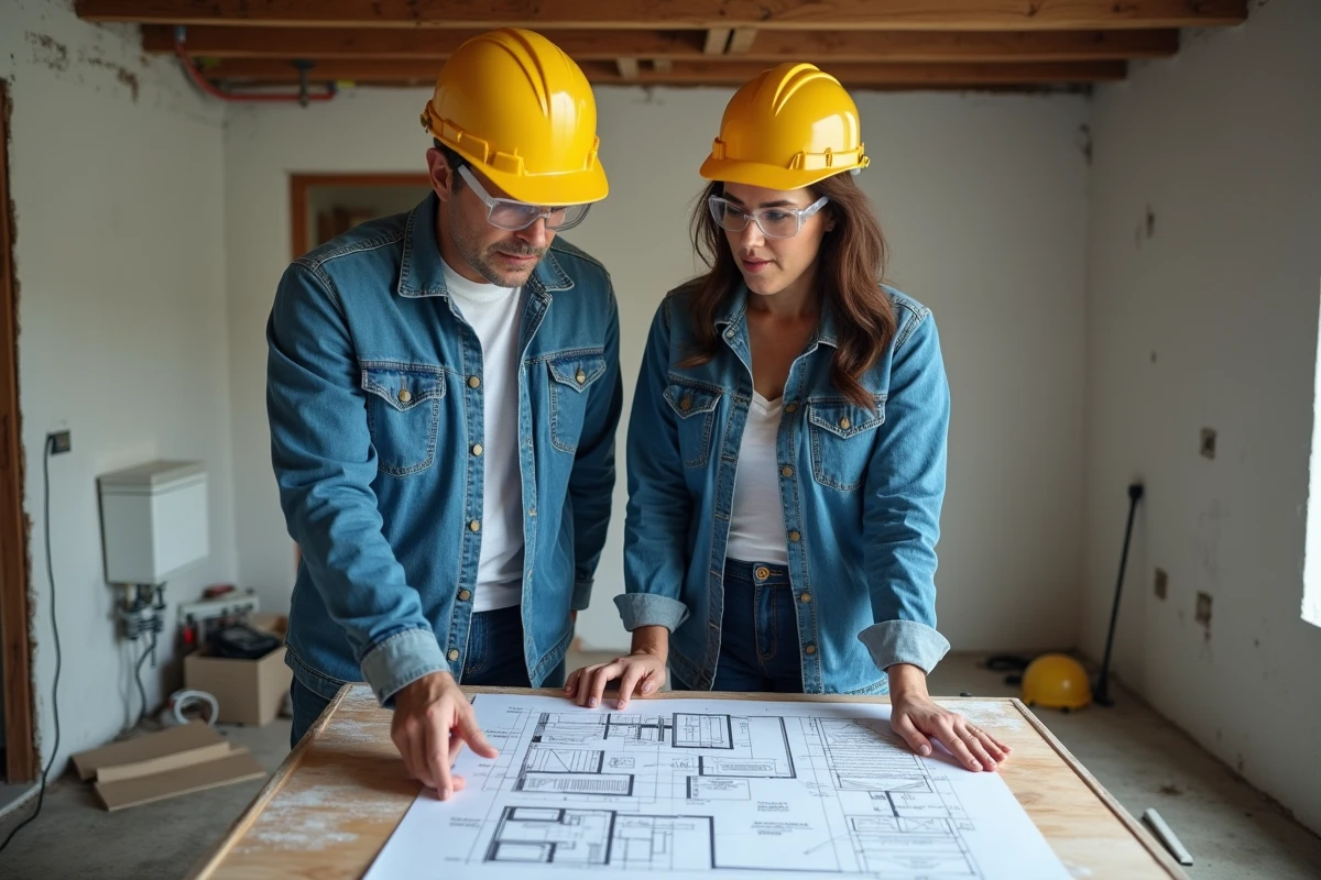 Couple de propriétaires consultant un plan de rénovation dans une salle de bain en travaux avec outils et matériaux visibles