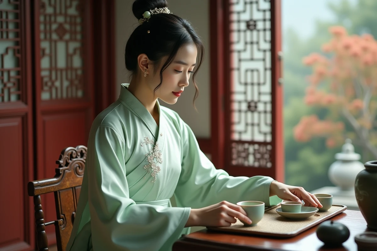 Femme vêtue d'un hanfu en soie céladon avec des épingles à cheveux en jade dans un intérieur traditionnel chinois, illustrant les idéaux de beauté féminine dans la culture chinoise ancienne