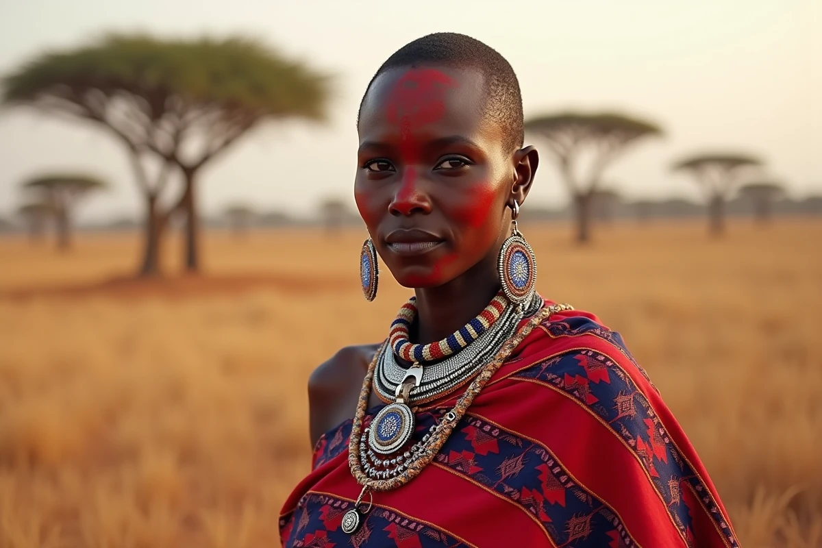 Femme Maasaï portant des bijoux en perles traditionnels et un shuka coloré dans la savane africaine, représentant les standards de beauté culturels en Afrique de l'Est