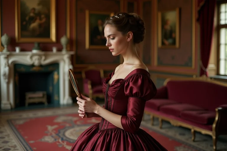 Femme en robe victorienne corsetée tenant un miroir dans un salon du XIXe siècle, illustrant les canons de beauté féminine à l'époque victorienne