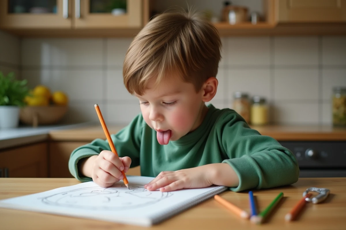 Jeune garçon concentré sur un dessin dans un carnet de croquis à une table de cuisine familiale