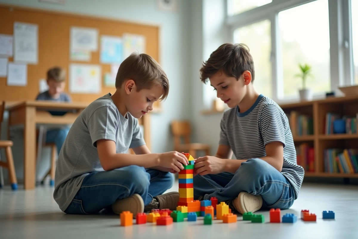 Deux garçons construisant ensemble une structure en blocs colorés dans une salle de classe moderne