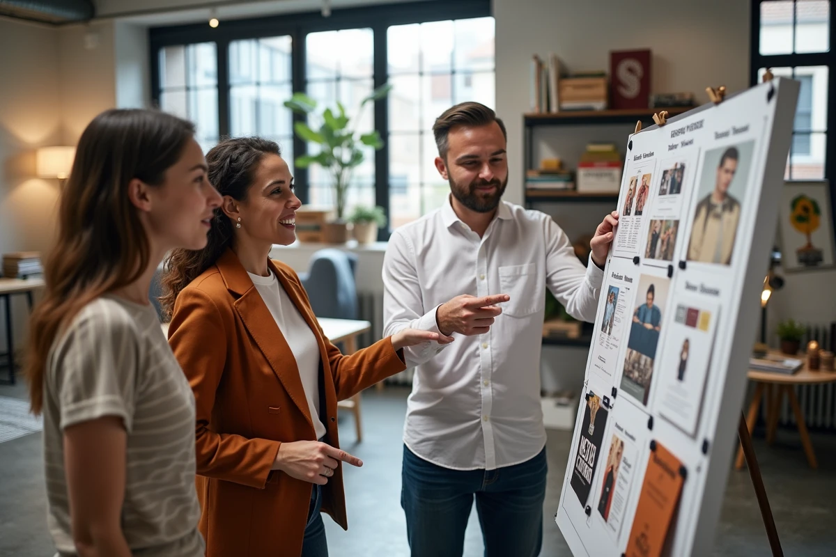 Équipe créative analysant les dernières tendances et actualités sur un tableau de tendances dans un studio professionnel