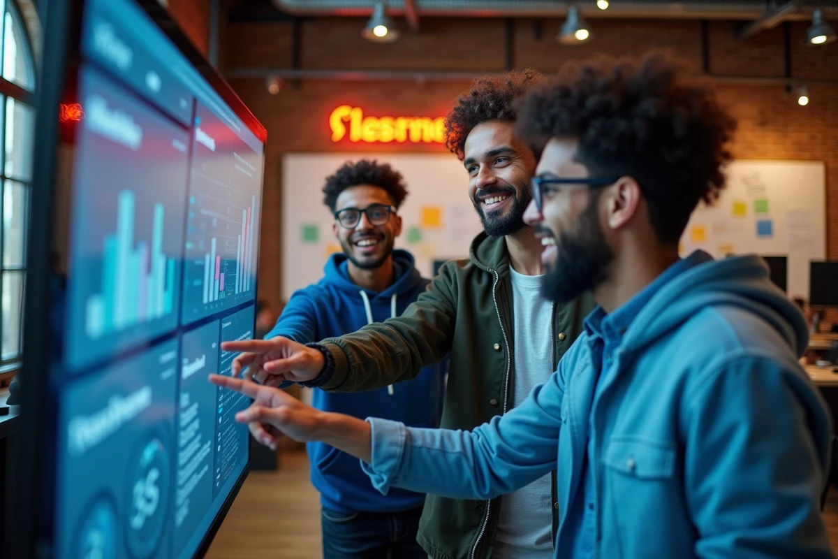 Équipe de jeunes professionnels analysant les tendances numériques et les actualités digitales de 2024 sur un grand écran en startup