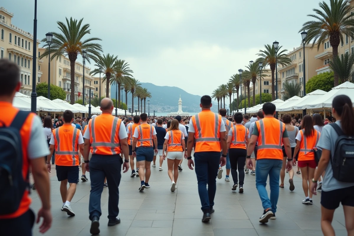 Évacuation de civils sur la Croisette à Cannes suite à une alerte à la bombe, avec des agents de sécurité en gilets haute visibilité encadrant la foule