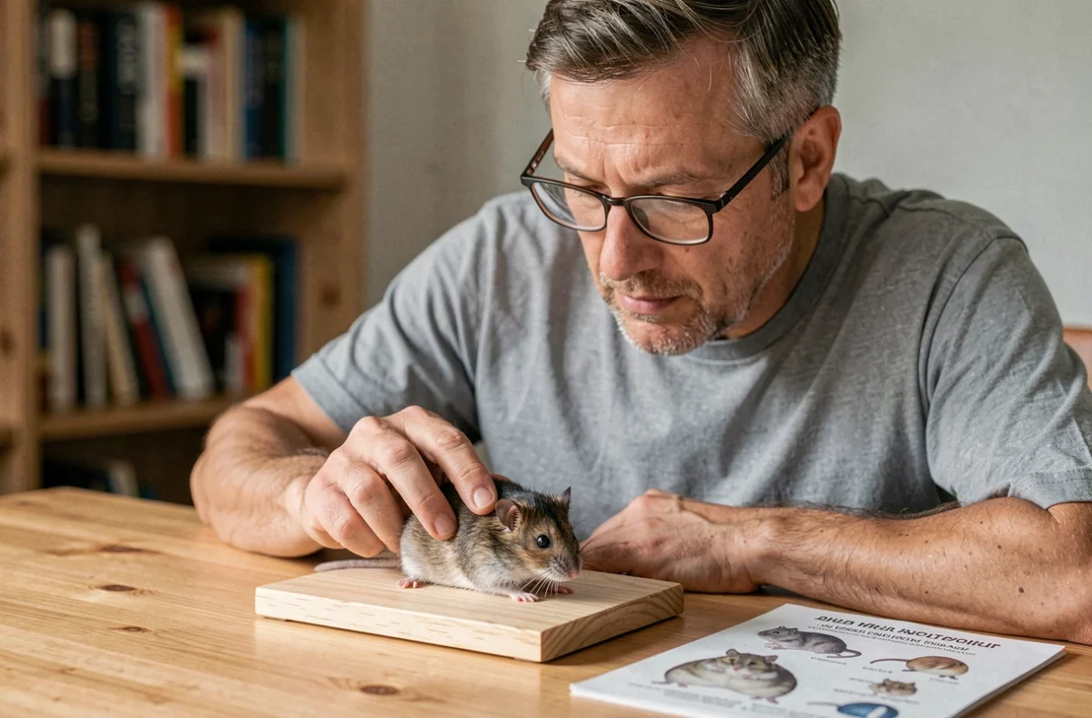 Homme examinant attentivement un hamster russe avec un guide de référence pour déterminer son sexe