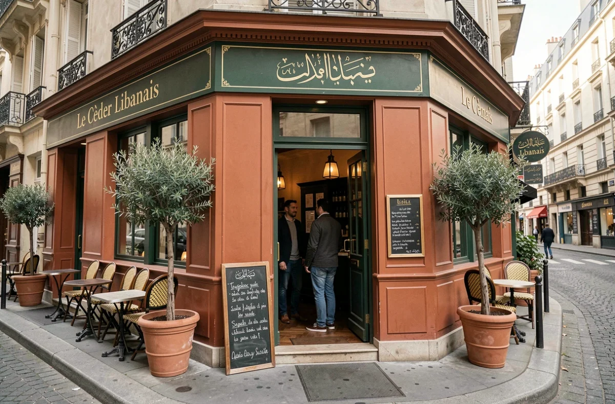Façade et terrasse du restaurant libanais Le Cèdre à Paris proposant une cuisine halal et orientale authentique