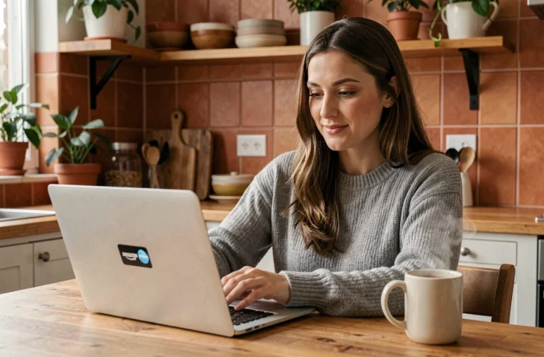 Femme utilisant Amazon Prime sur un ordinateur portable dans une cuisine chaleureuse