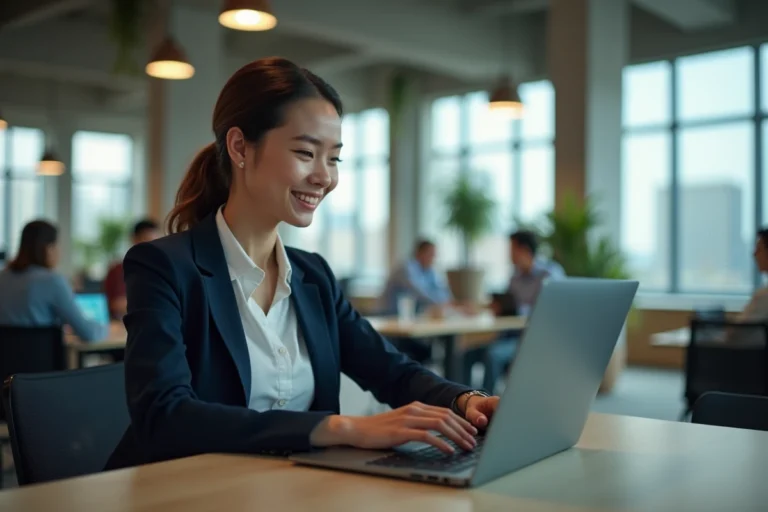 Femme professionnelle consultant des actualités numériques sur un ordinateur portable dans un espace de coworking moderne en 2024