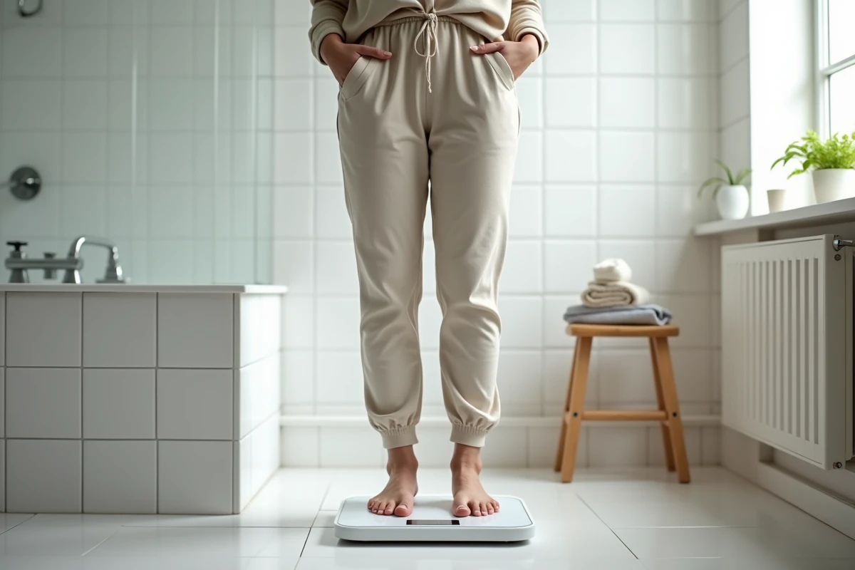 Femme se pesant sur une balance dans une salle de bain moderne lors d'un suivi de perte de poids