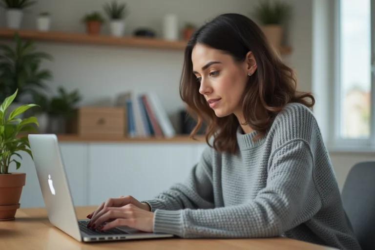 Femme utilisant un comparateur en ligne sur son ordinateur portable dans un bureau à domicile moderne