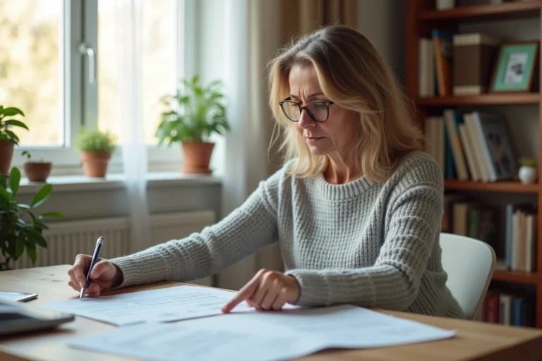 Femme de 45 ans examinant sa déclaration d'impôts avec une case grisée, assise à un bureau en bois à domicile