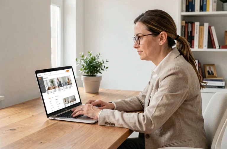 Femme parcourant la liste des pages d'un site web informatif sur son ordinateur portable dans un bureau à domicile