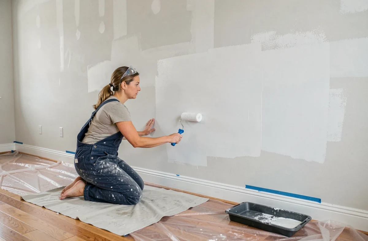 Femme en salopette appliquant de la peinture blanche sur un mur de salon en rénovation avec bâche de protection au sol
