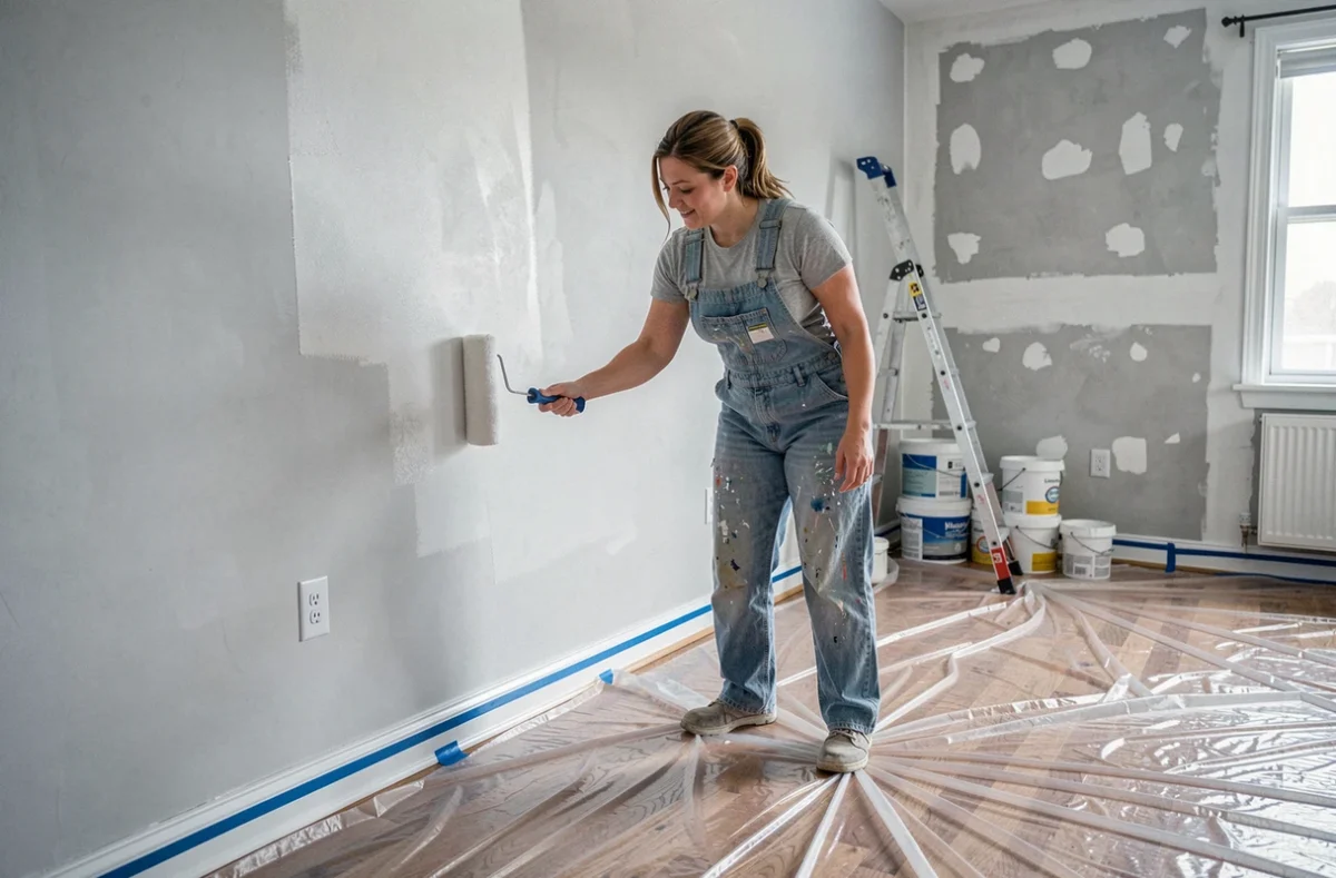 Femme peignant les murs d'une pièce en cours de rénovation avec un rouleau et de la peinture blanche