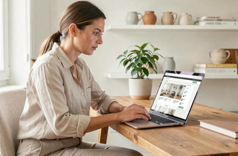 Femme consultant un plan de site de décoration intérieure sur un ordinateur portable dans un bureau minimaliste scandinave