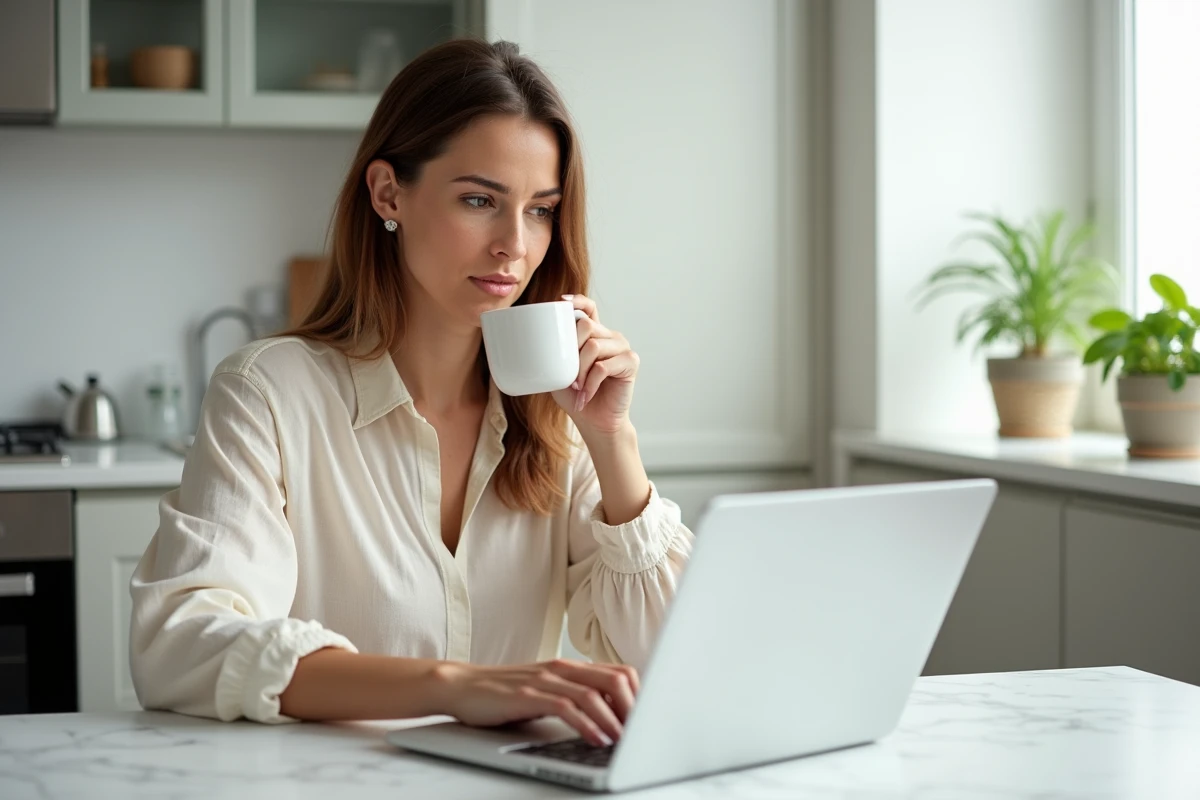 Une femme consultant son portefeuille d'investissement sur un ordinateur portable depuis son domicile, stratégie financière personnelle