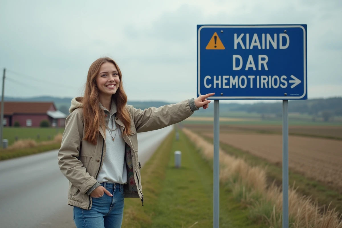 Jeune femme pointant un panneau de region de pneu en plein air