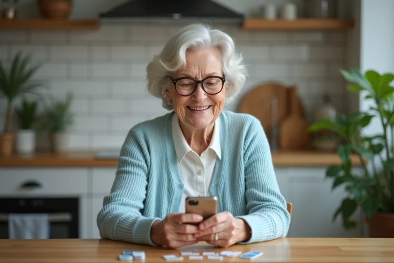 Femme senior souriante avec cartes SIM à la maison