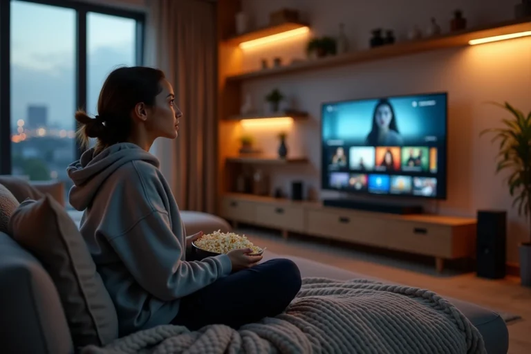 Jeune femme regardant un film en streaming sur sa télévision dans un salon cosy avec du popcorn