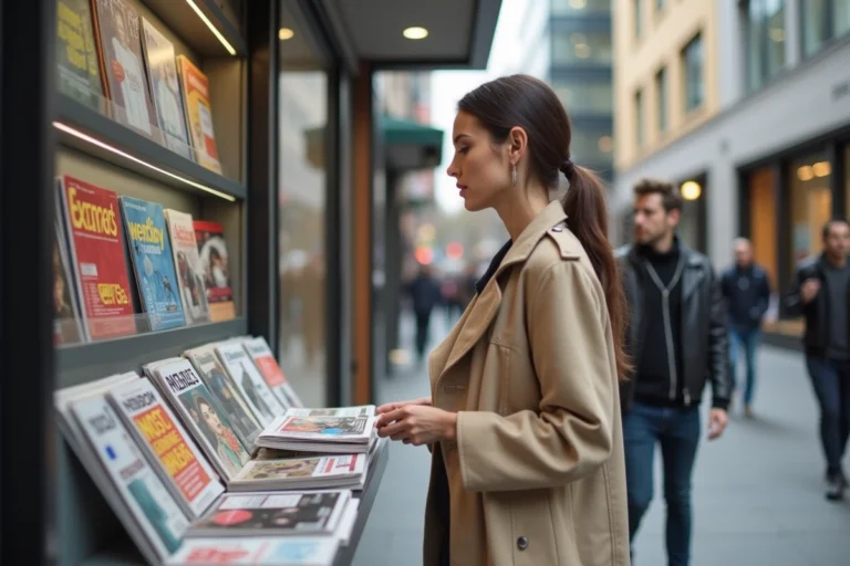 Femme élégante consultant les dernières tendances dans un kiosque à journaux urbain moderne