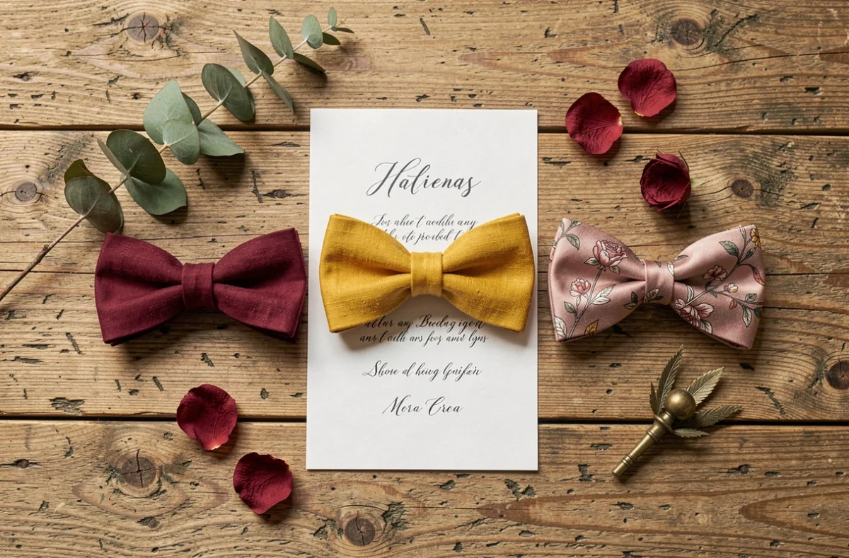Flat-lay de trois nœuds papillon artisanaux posés sur une table en bois avec des accessoires de mariage champêtre