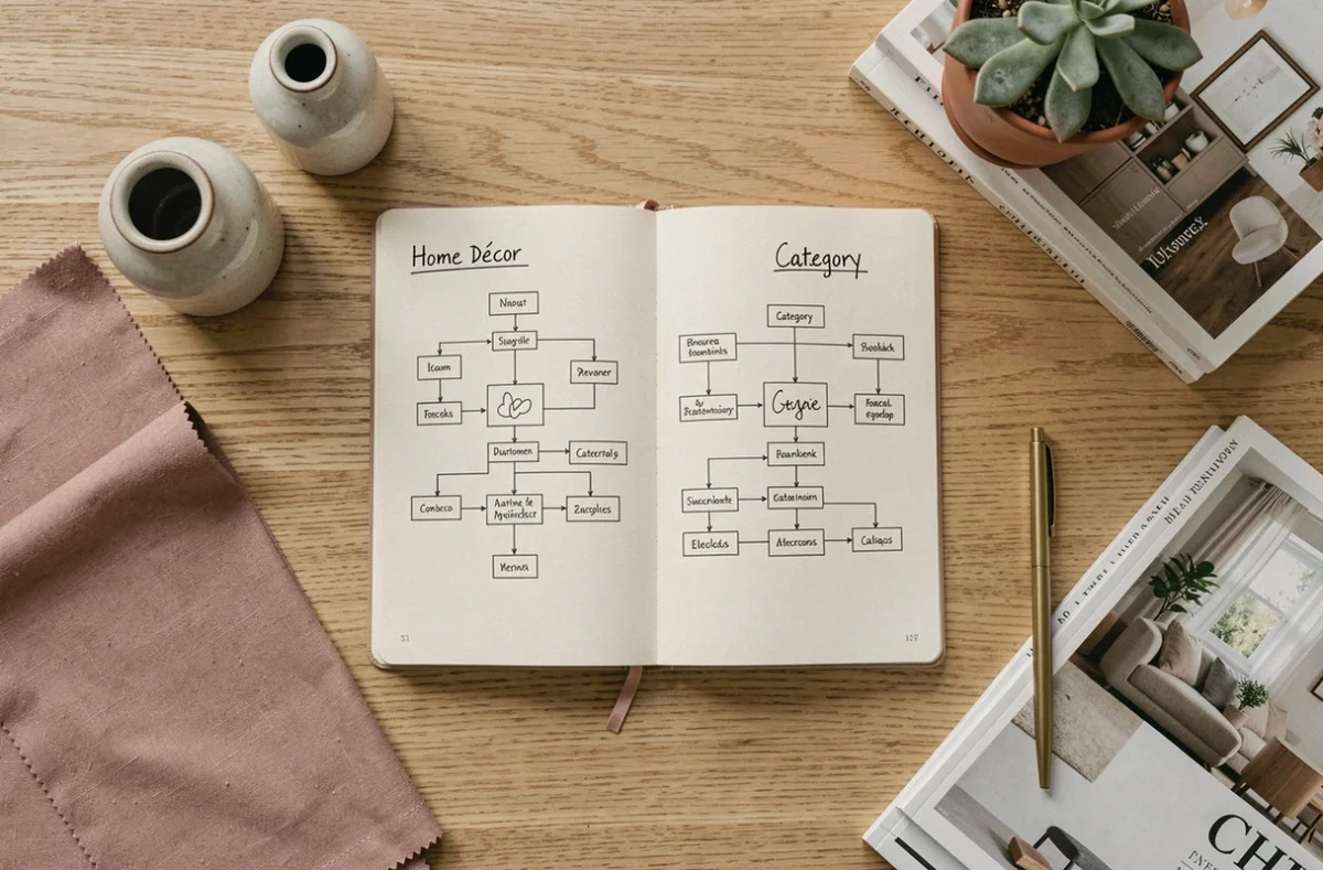 Vue en plongée d'un carnet de notes avec un plan de site dessiné à la main entouré d'accessoires de décoration intérieure sur une table en chêne