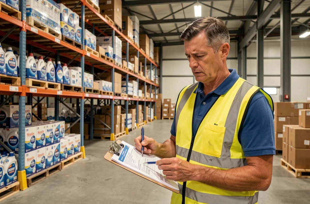 Responsable logistique en entrepôt constatant une rupture de stock de produits ménagers Domestos