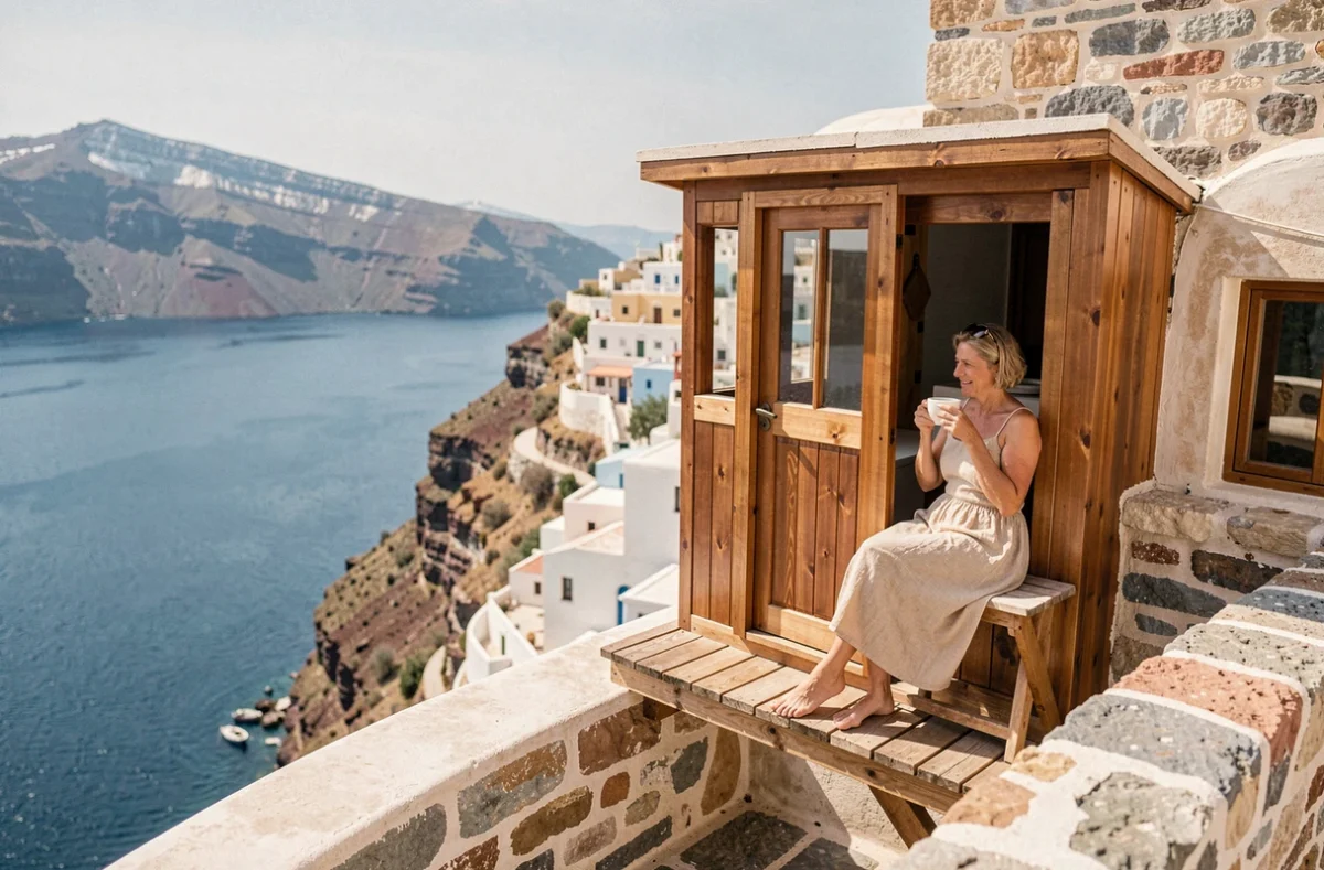 Femme se relaxant sur la terrasse d'un hébergement en bois insolite perché sur un toit de Santorin avec vue sur la mer Égée