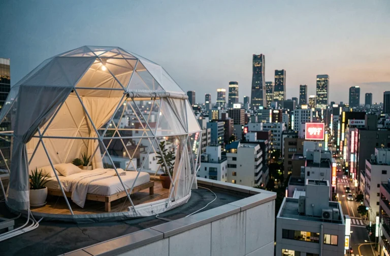 Tente geodesique transparente installée sur un toit en plein cœur de Tokyo avec vue panoramique sur la skyline urbaine au crépuscule