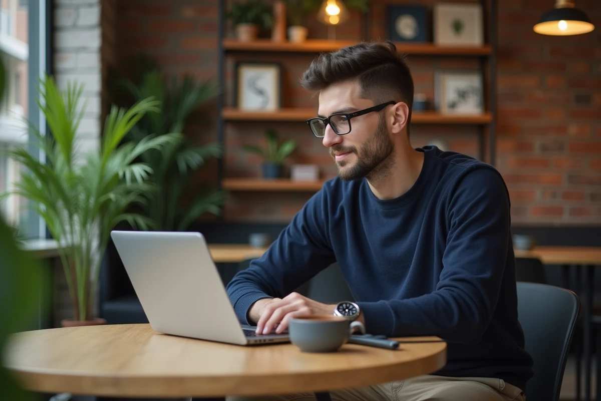 Jeune professionnel consultant les actualités tendances sur un ordinateur portable dans un café moderne