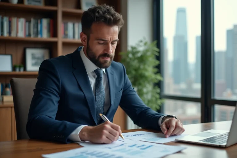 Un homme d'affaires en costume analysant des graphiques financiers dans un bureau moderne pour optimiser ses investissements