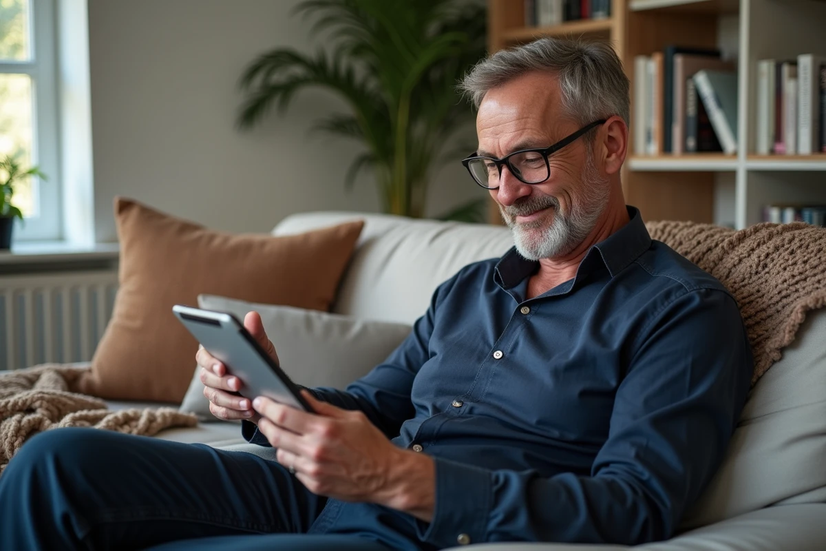 Homme regarde avis de produits de beauté sur tablette