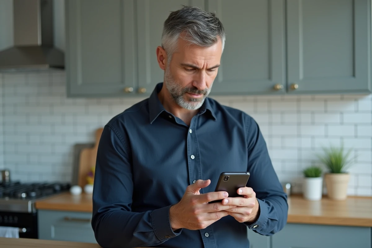 Homme consultant un comparateur de prix sur smartphone dans une cuisine contemporaine