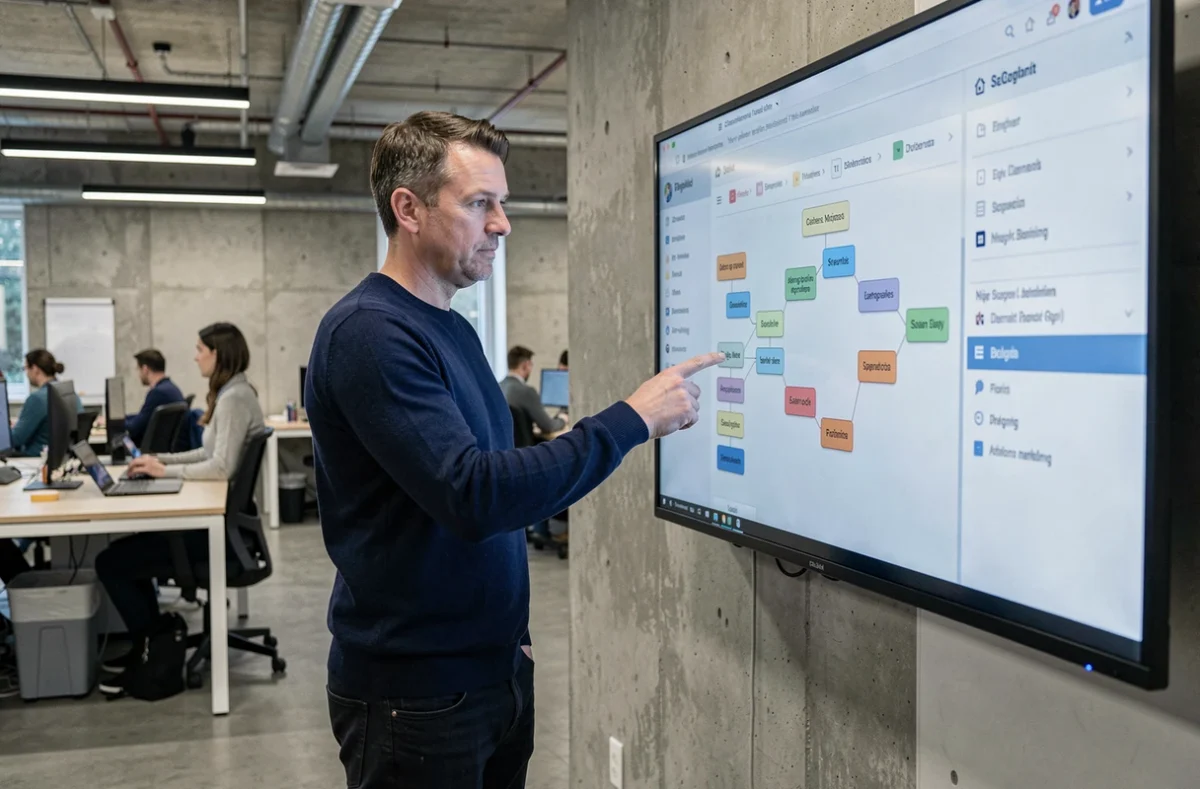 Homme consultant un répertoire de pages web sur un écran interactif dans un espace de coworking moderne