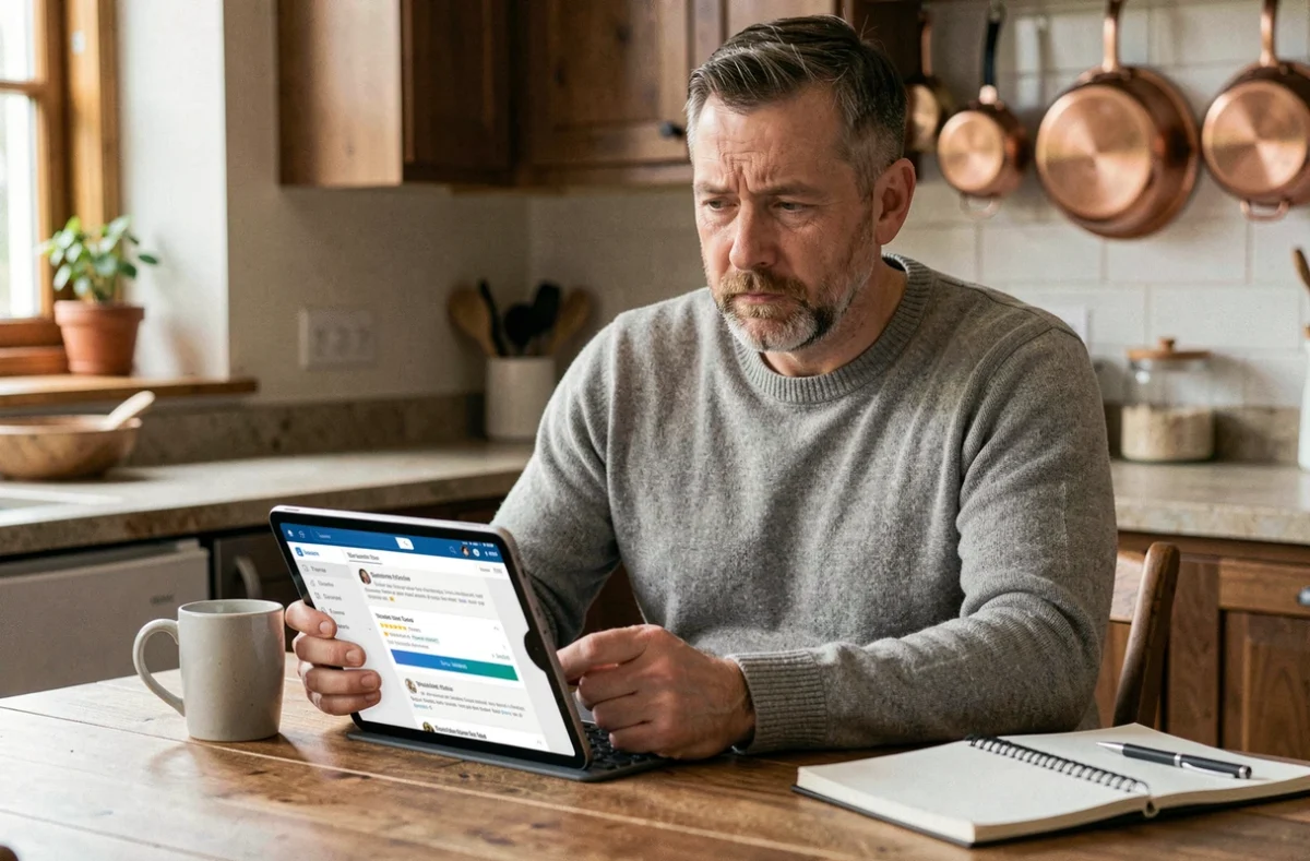 Un homme consulte les avis en ligne sur Dirvox depuis sa tablette dans une cuisine moderne en 2026