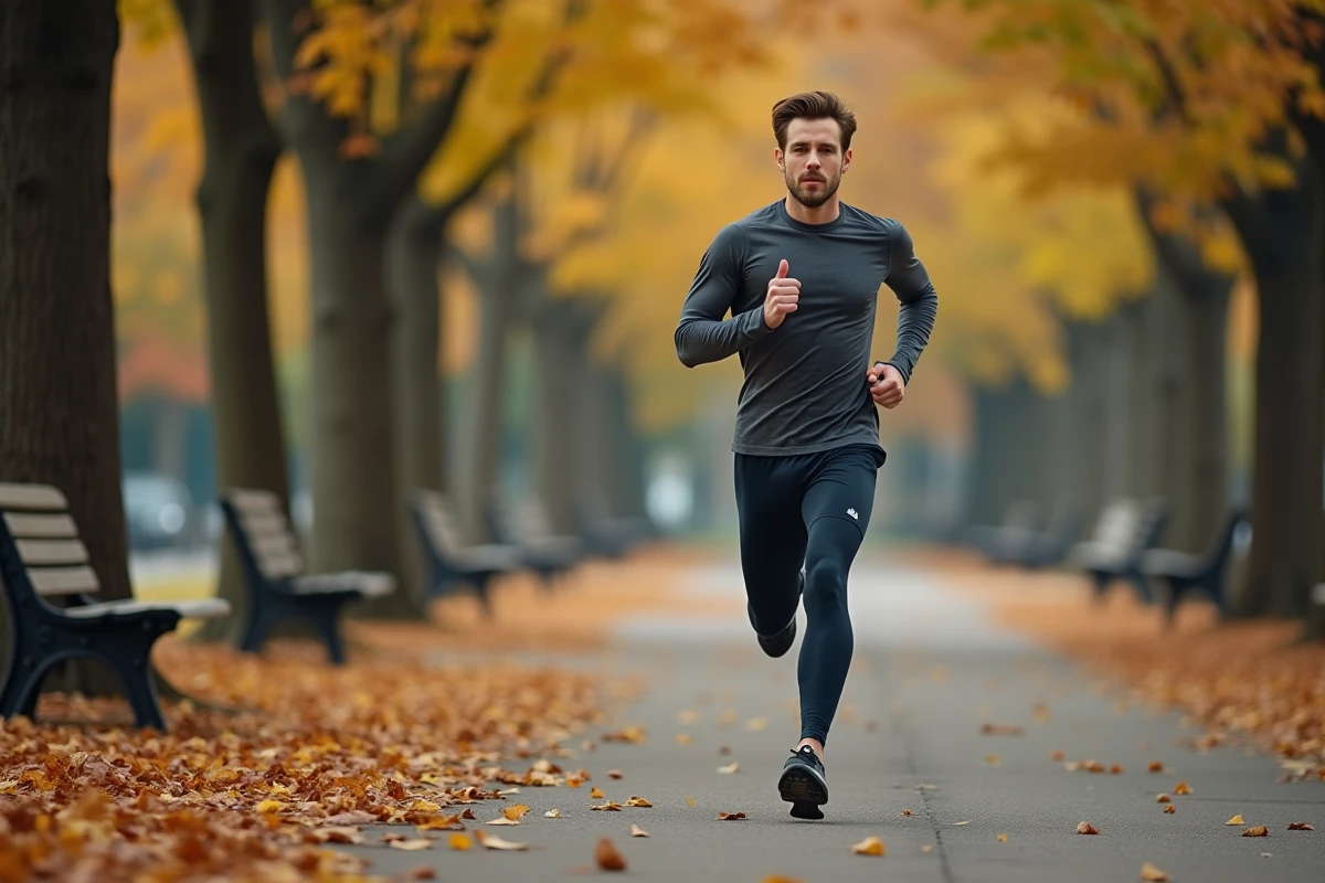 Homme faisant du jogging dans un parc en automne dans le cadre d'un programme de perte de poids