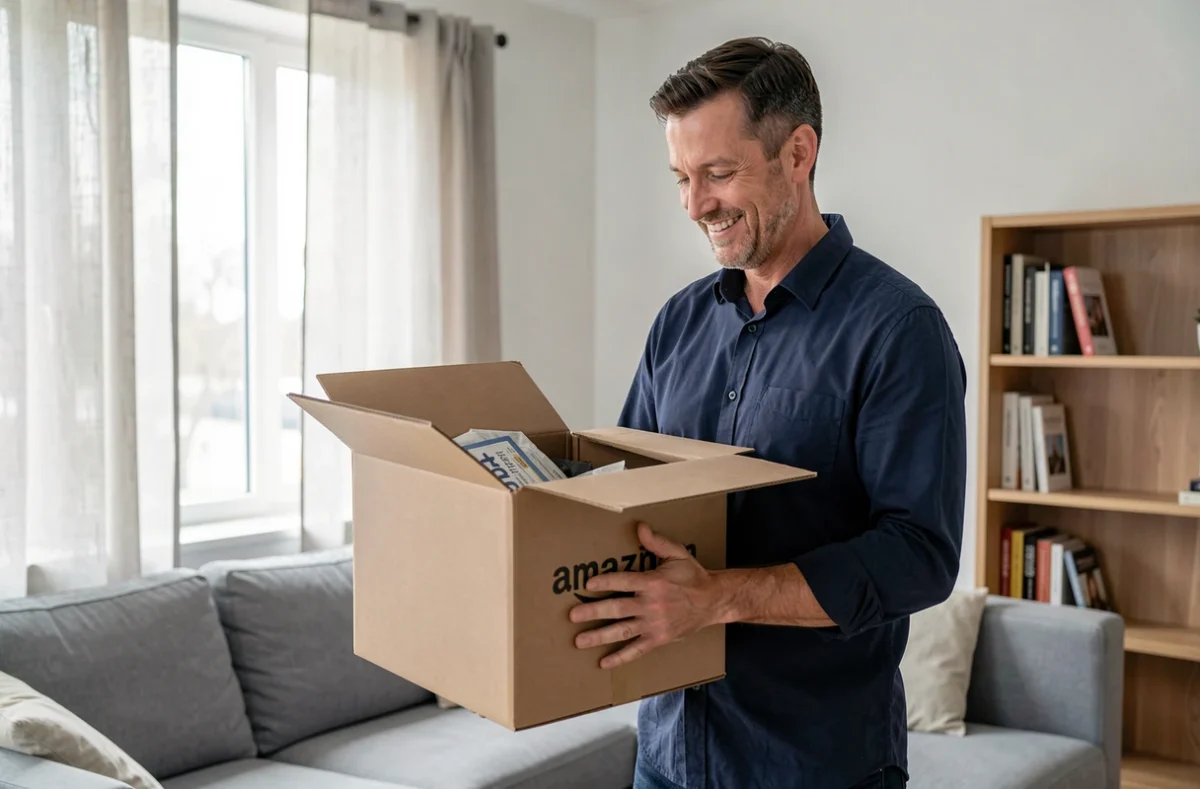 Homme recevant une livraison Amazon Prime dans un salon moderne