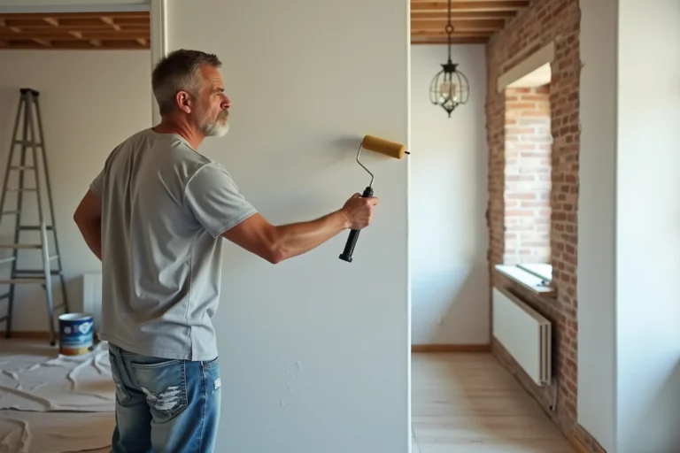 Homme rénovant un mur intérieur en appliquant de la peinture blanche avec un rouleau dans un salon en cours de rénovation
