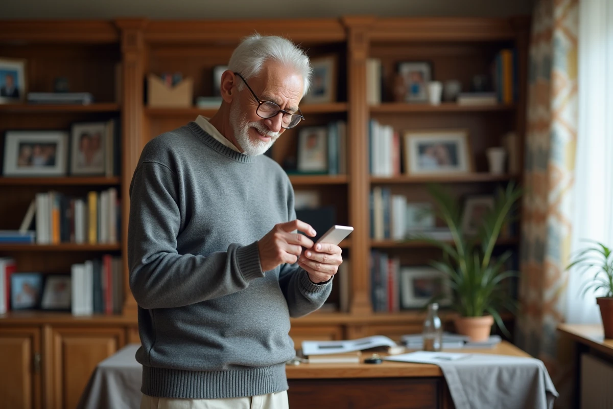 Homme senior insérant une carte SIM dans un téléphone