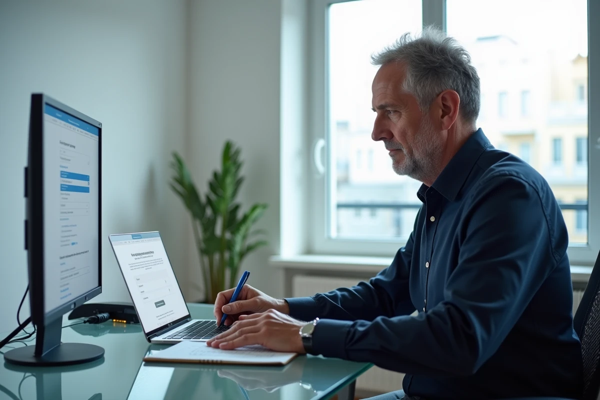 Homme consultant le site des impôts sur son ordinateur portable avec une case 7DB grisée affichée à l'écran