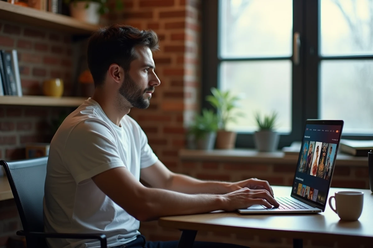 Homme parcourant un catalogue de films et séries sur un site de streaming depuis son bureau à domicile
